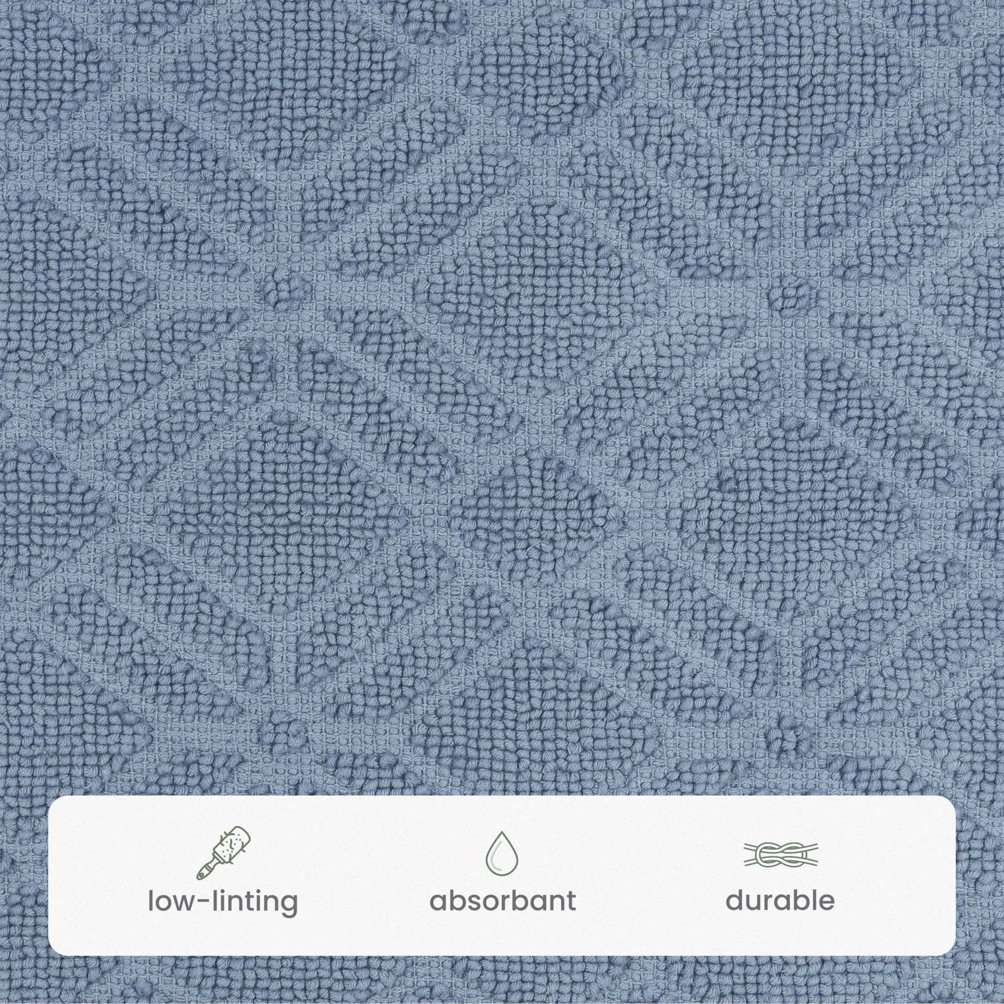 A close-up of a textured bath rug fabric swatch in a blue color, featuring a repeating geometric diamond pattern. A white banner at the bottom lists product features: 'low-linting', 'absorbant', and 'durable' with simple line icons.