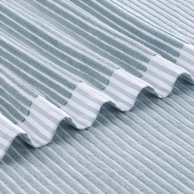 Close-up of a textured blue bath towel surface with wavy pattern