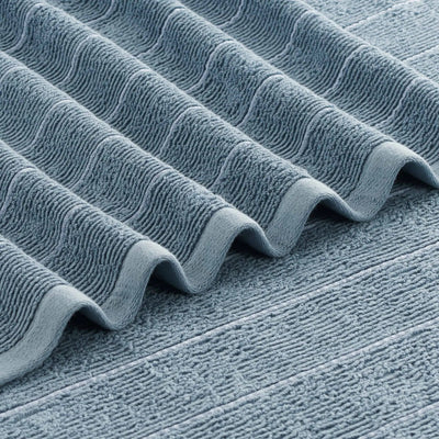 Close-up of textured blue fabric with wavy pattern