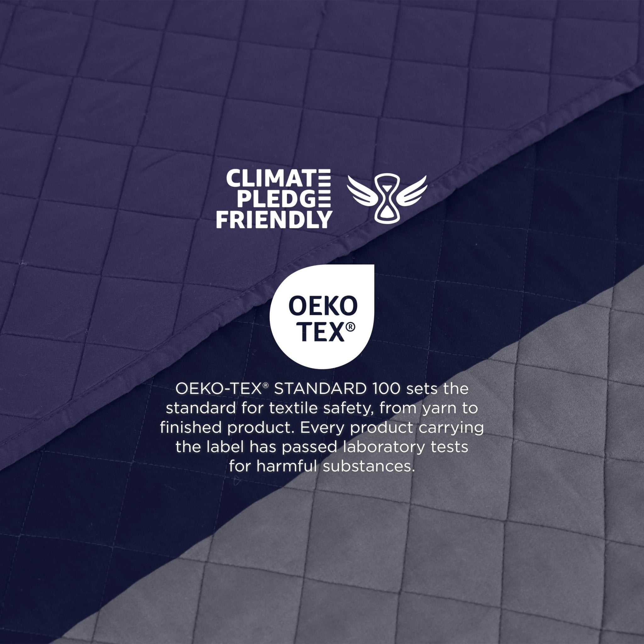 Textiles with OEKO-TEX and Climate Pledge Friendly logos on a checkered background