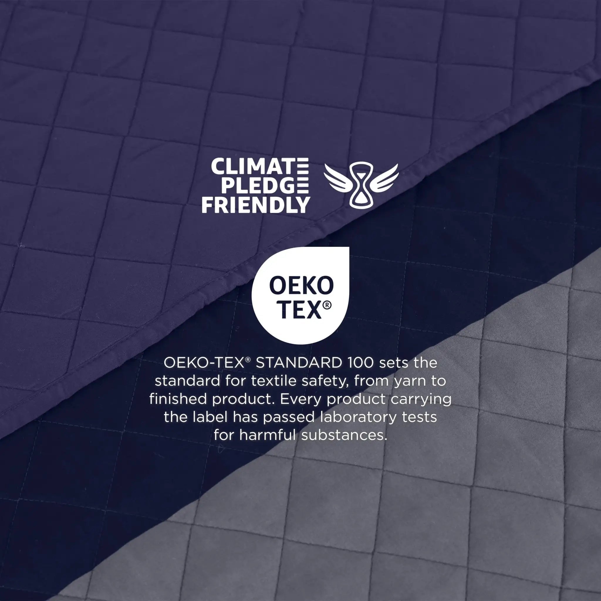 Textiles with OEKO-TEX and Climate Pledge Friendly logos on a checkered background