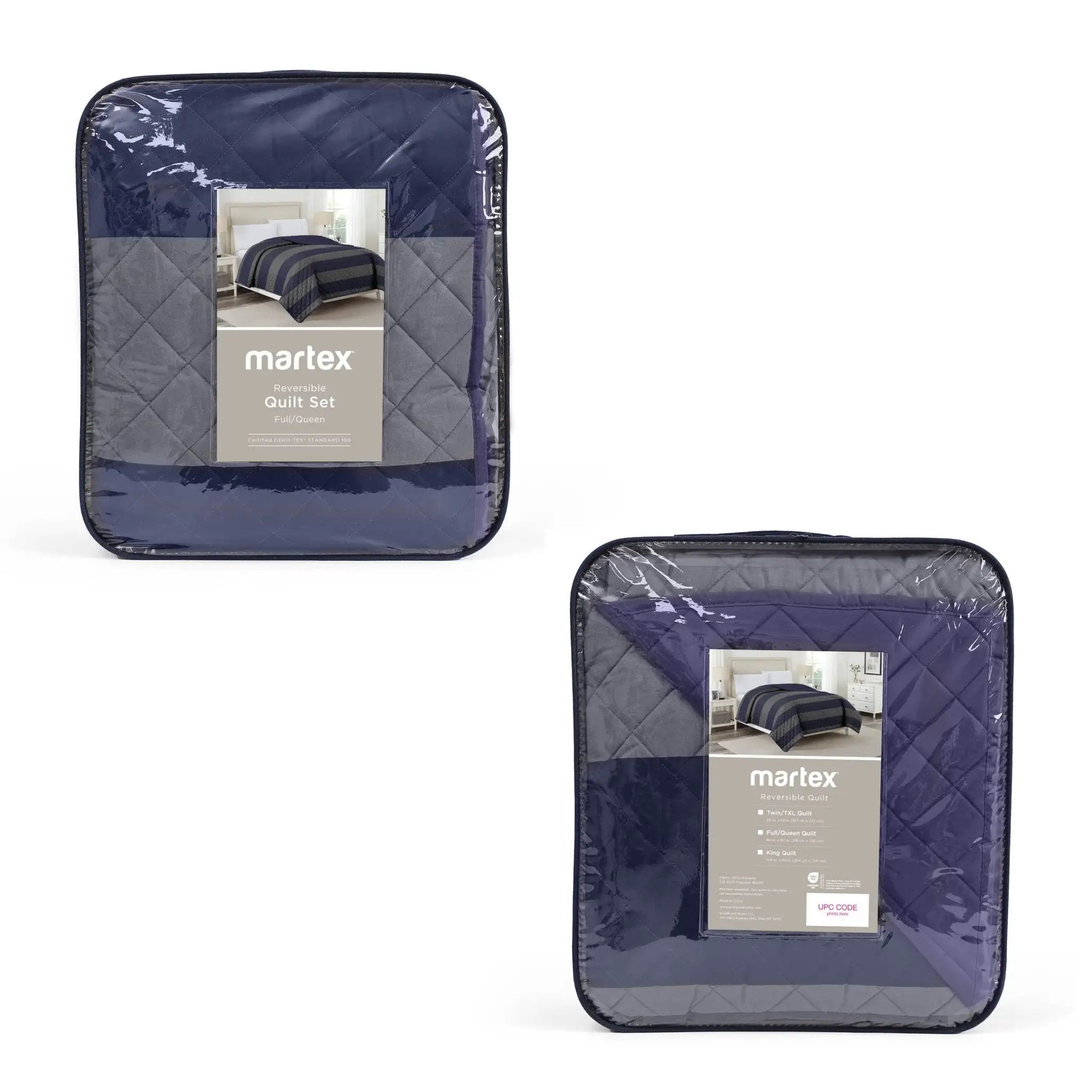 Two packaged Martex coverlet sets in a deep navy-blue color, shown on a clean white background. Each set is enclosed in clear plastic packaging with a gray quilted insert and a product label.