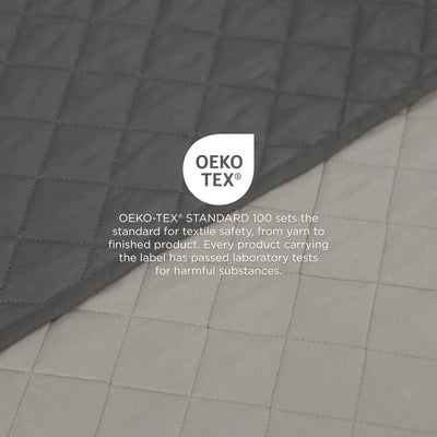 Quilted coverlet fabric with OEKO-TEX label on a gray background