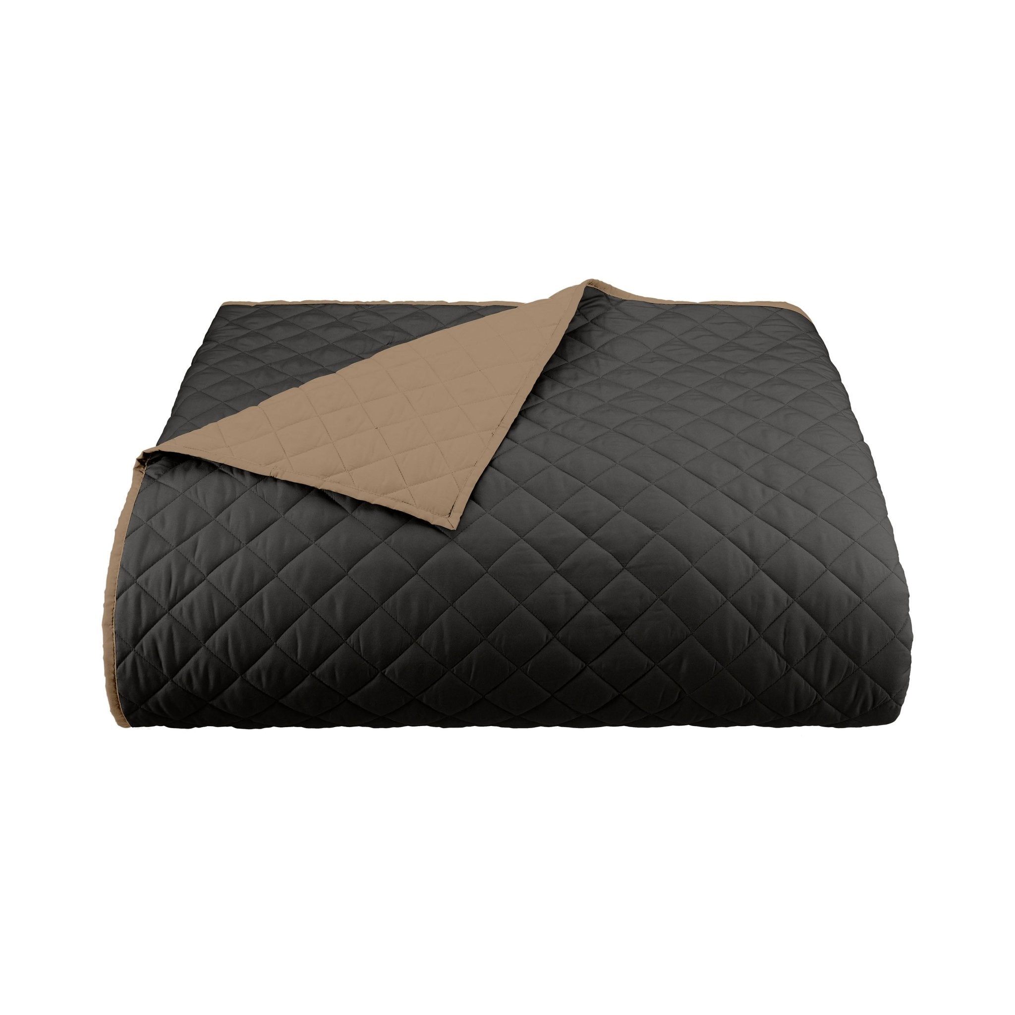 Graphite/khaki reversible coverlet on a white background