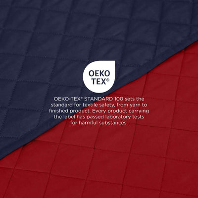 Quilted fabric with navy and red pattern and OEKO-TEX label.