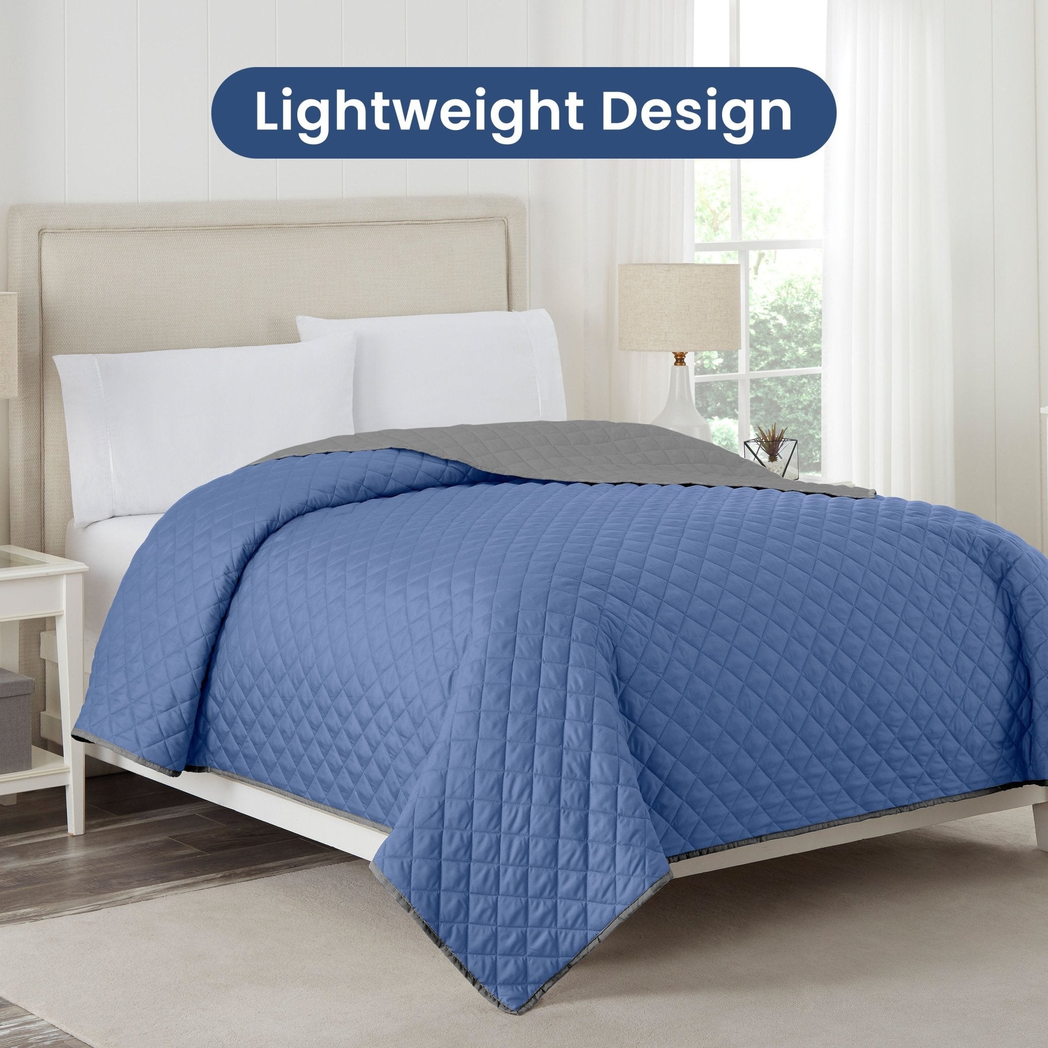 Ceil blue/grey coverlet on a bed with 'Lightweight Design' text above.