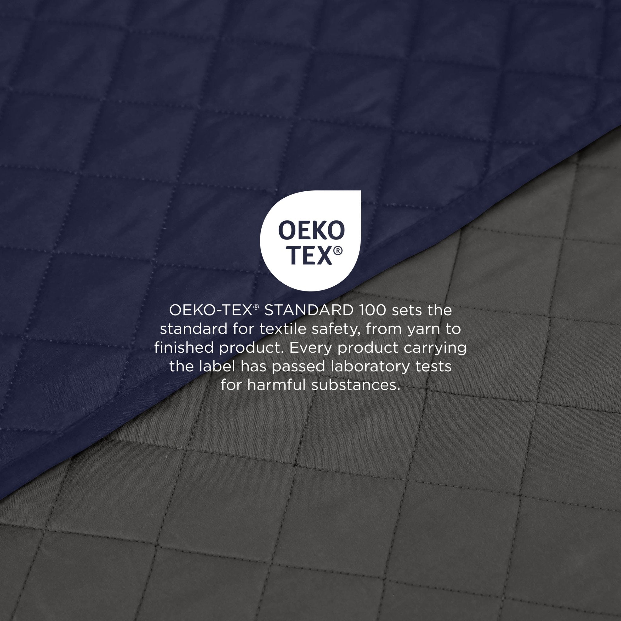 Close-up of a graphite/navy fabric with Oeko-Tex label on a dark background