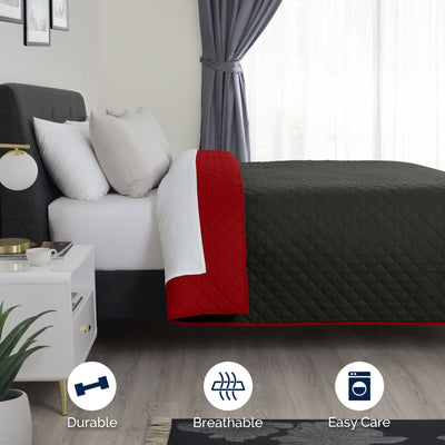 Bed with Ebony/red in a bedroom setting, featuring durability, breathability, and ease of care icons.