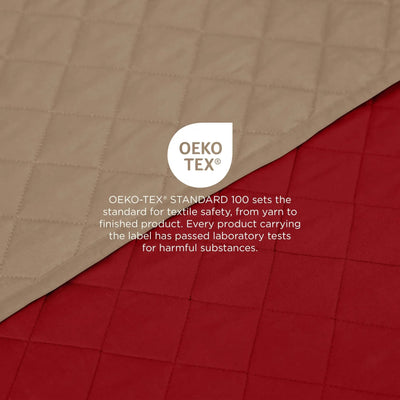 Quilted coverlets shown diagonally, with an OEKO-TEX Standard 100 logo and text overlay in the center.