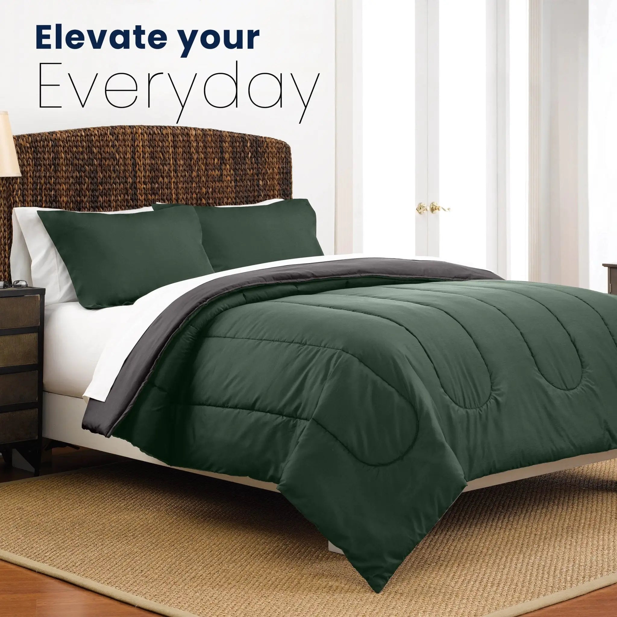 Olive comforter set on a bed with text 'Elevate your Everyday' in a bedroom setting.