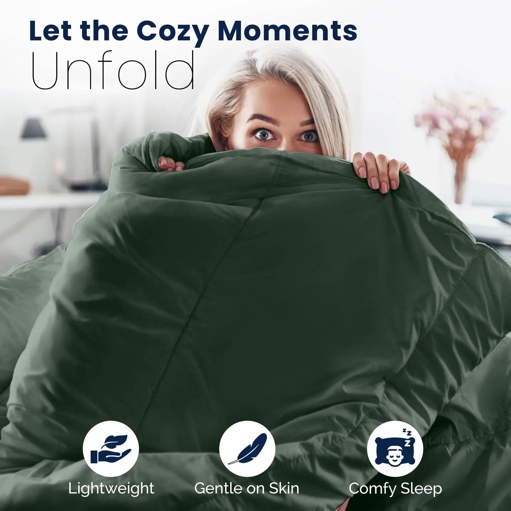Woman hugging an olive comforter with text 'Let the Cozy Moments Unfold' and icons for lightweight, gentle on skin, and comfy sleep.
