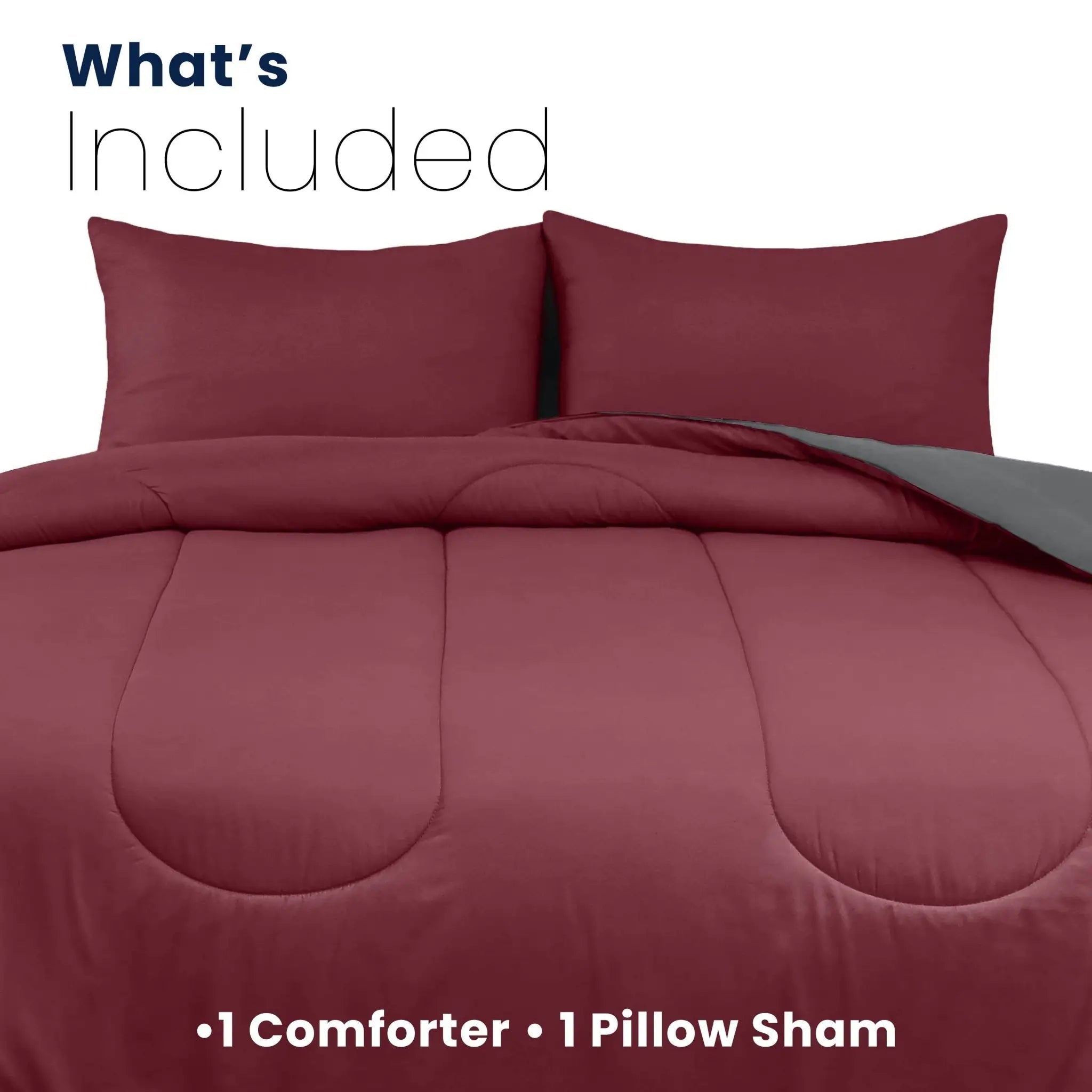 Burgundy comforter set with pillow sham on a white background with details about product components included.
