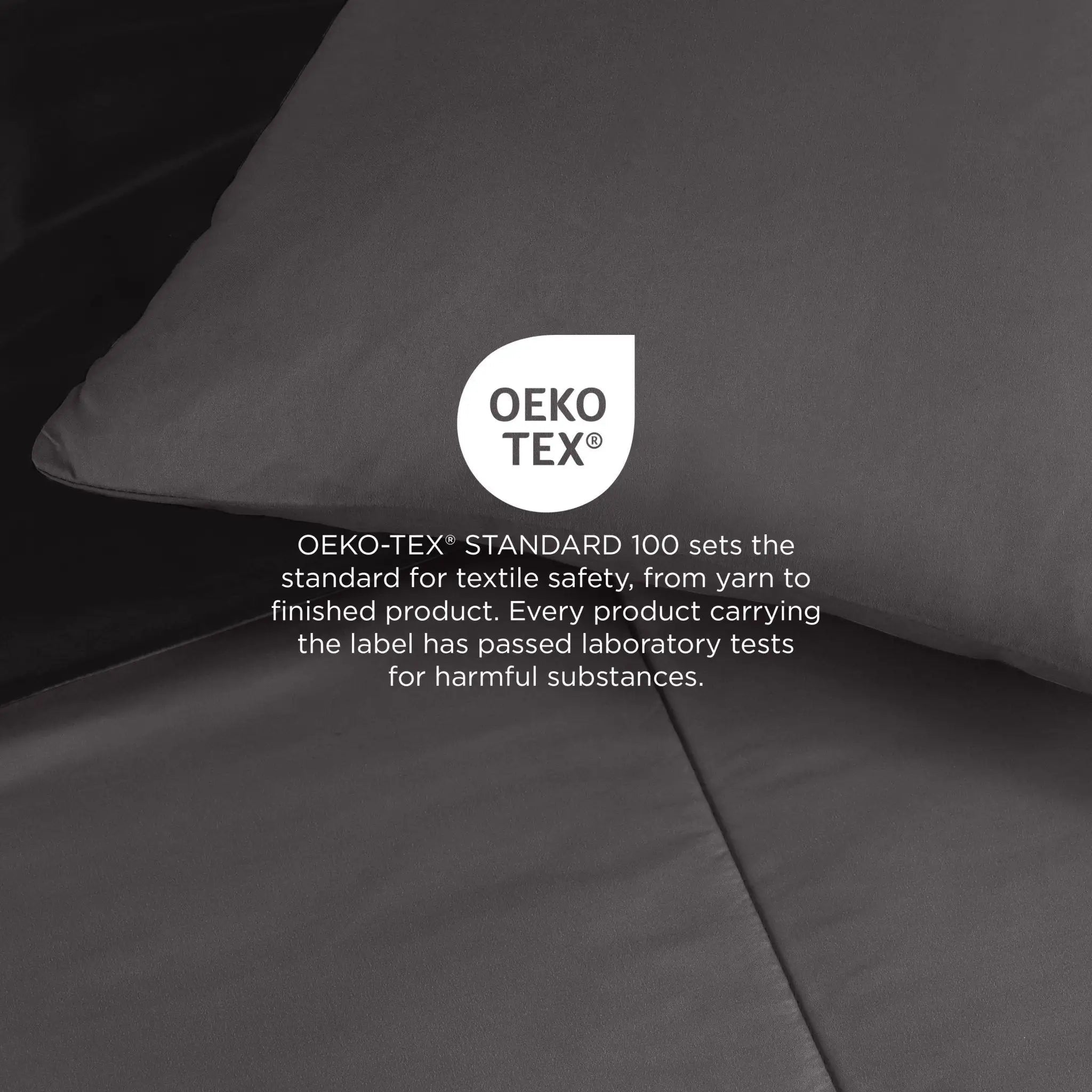 Graphite fabric with OEKO-TEX logo and text on a dark background