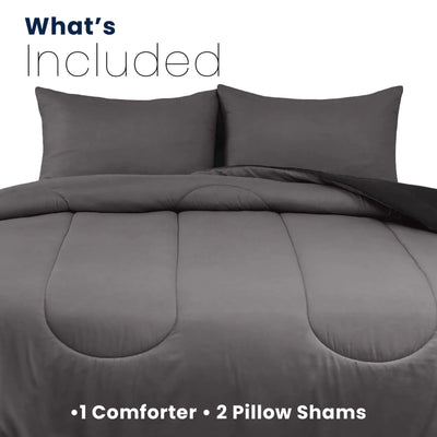 Graphite comforter set with two pillow shams on a white background with details about product components included.