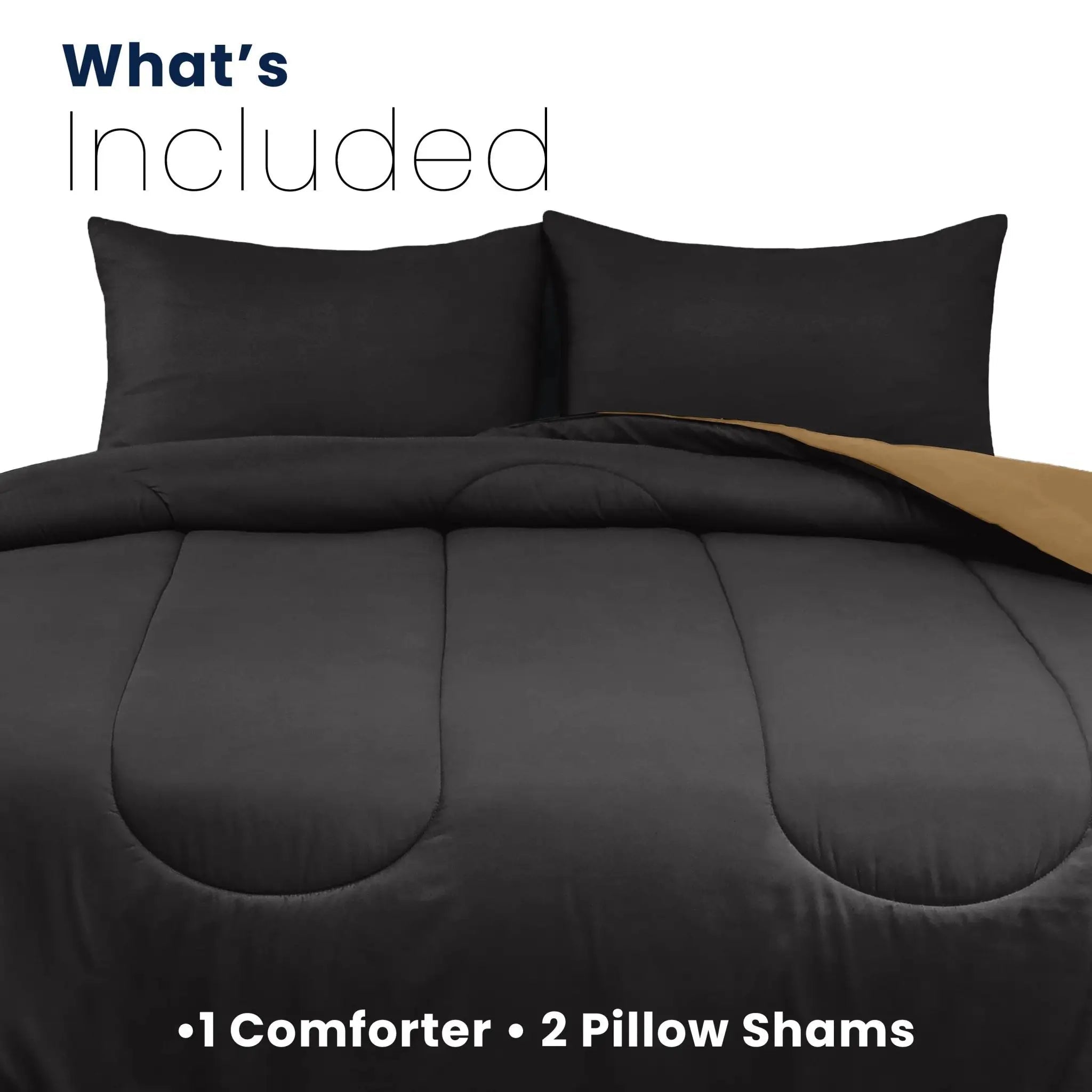 Ebony comforter and pillow sham set on a white background with text indicating included items.