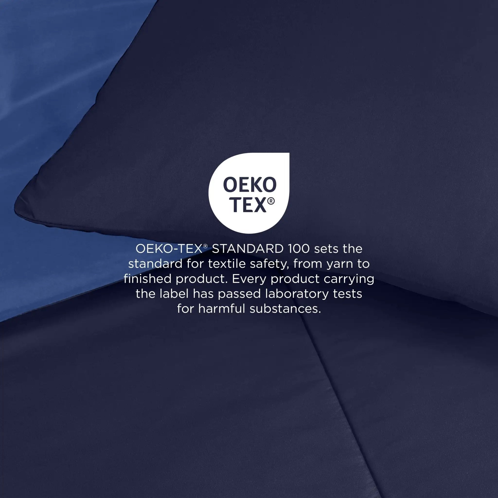 Navy blue fabric with OEKO-TEX logo and text