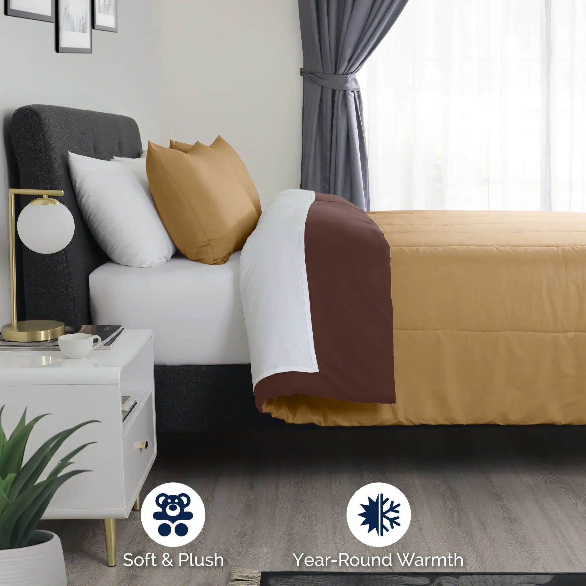 Bedroom with a bed featuring khaki comforter with chocolate color reversible side.