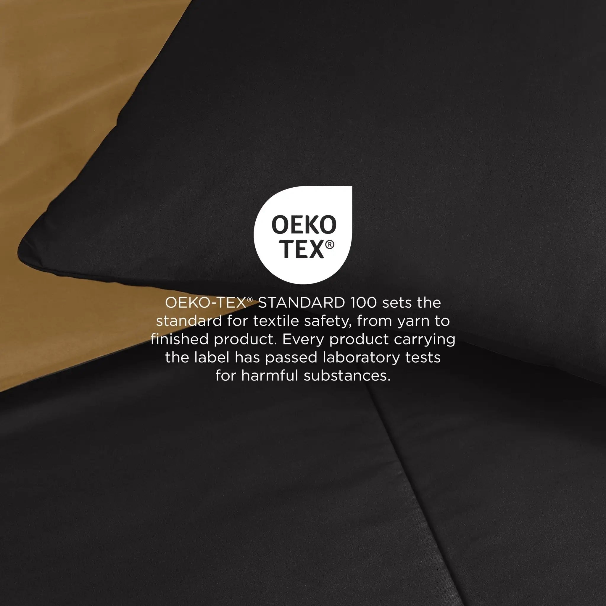 Ebony fabric with OEKO-TEX logo and text on a brown background