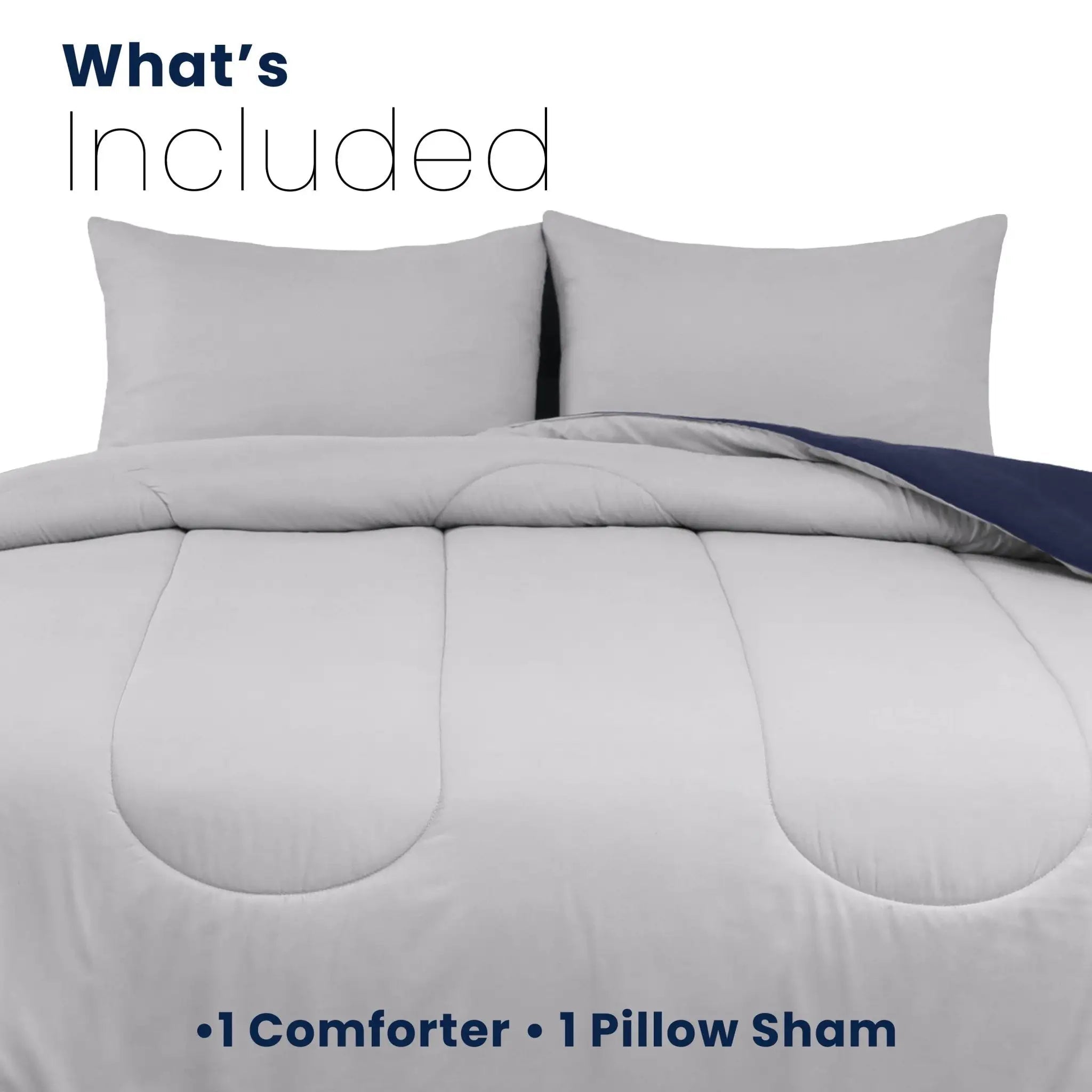 Gray comforter set with pillow sham on a white background with details about product components included.