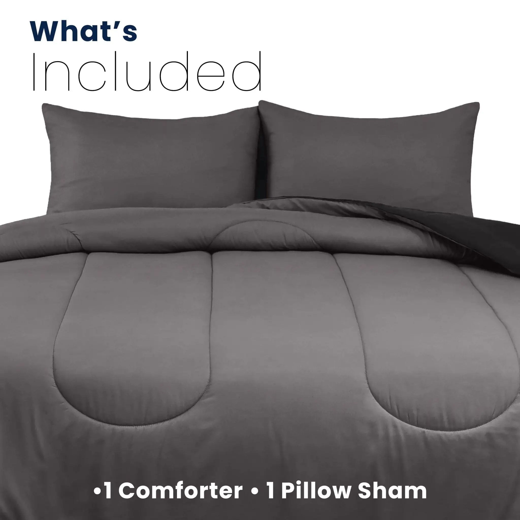 Graphite comforter set with two pillow shams on a white background with details about product components included.