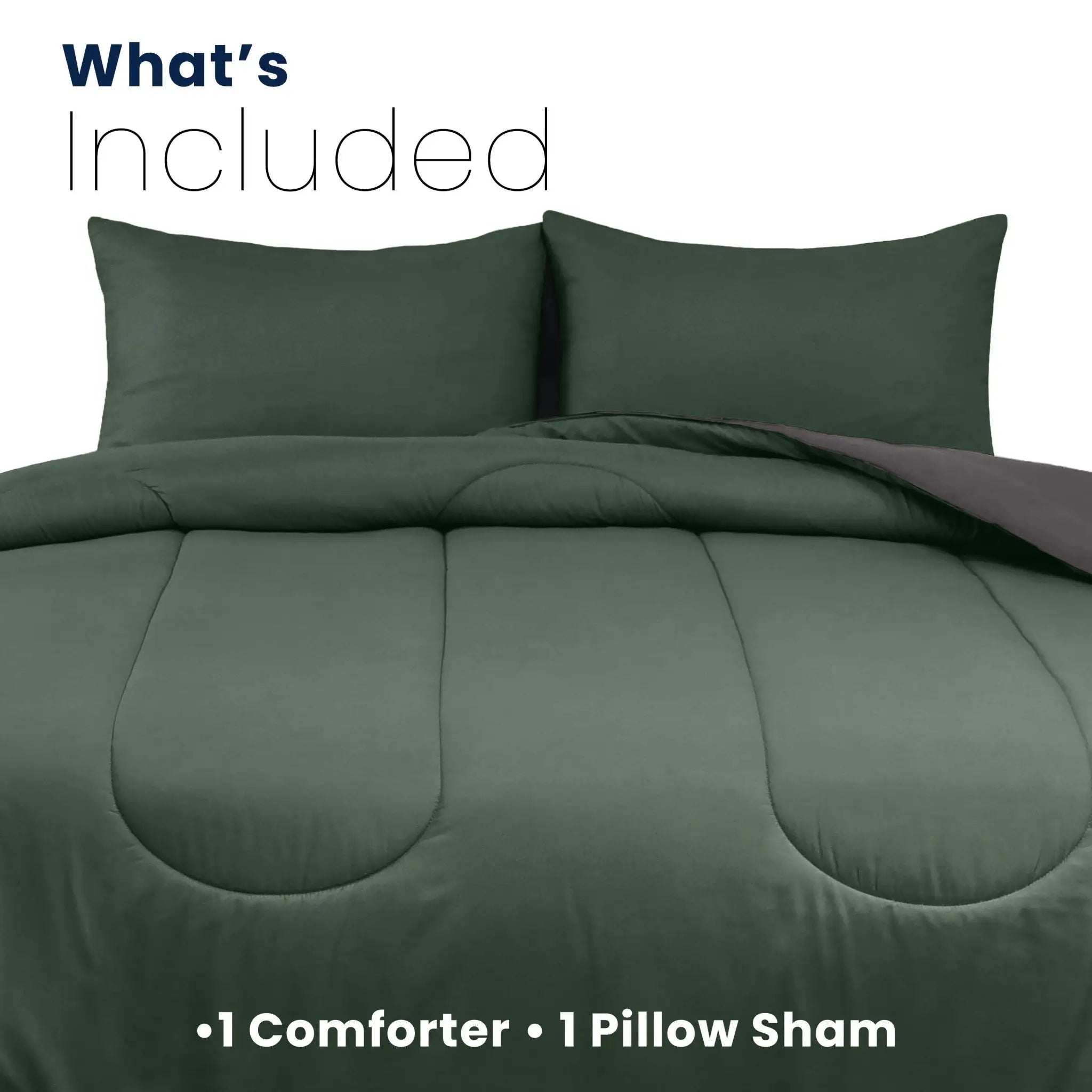 Green comforter set with a pillow sham on a white background with details about product components included.