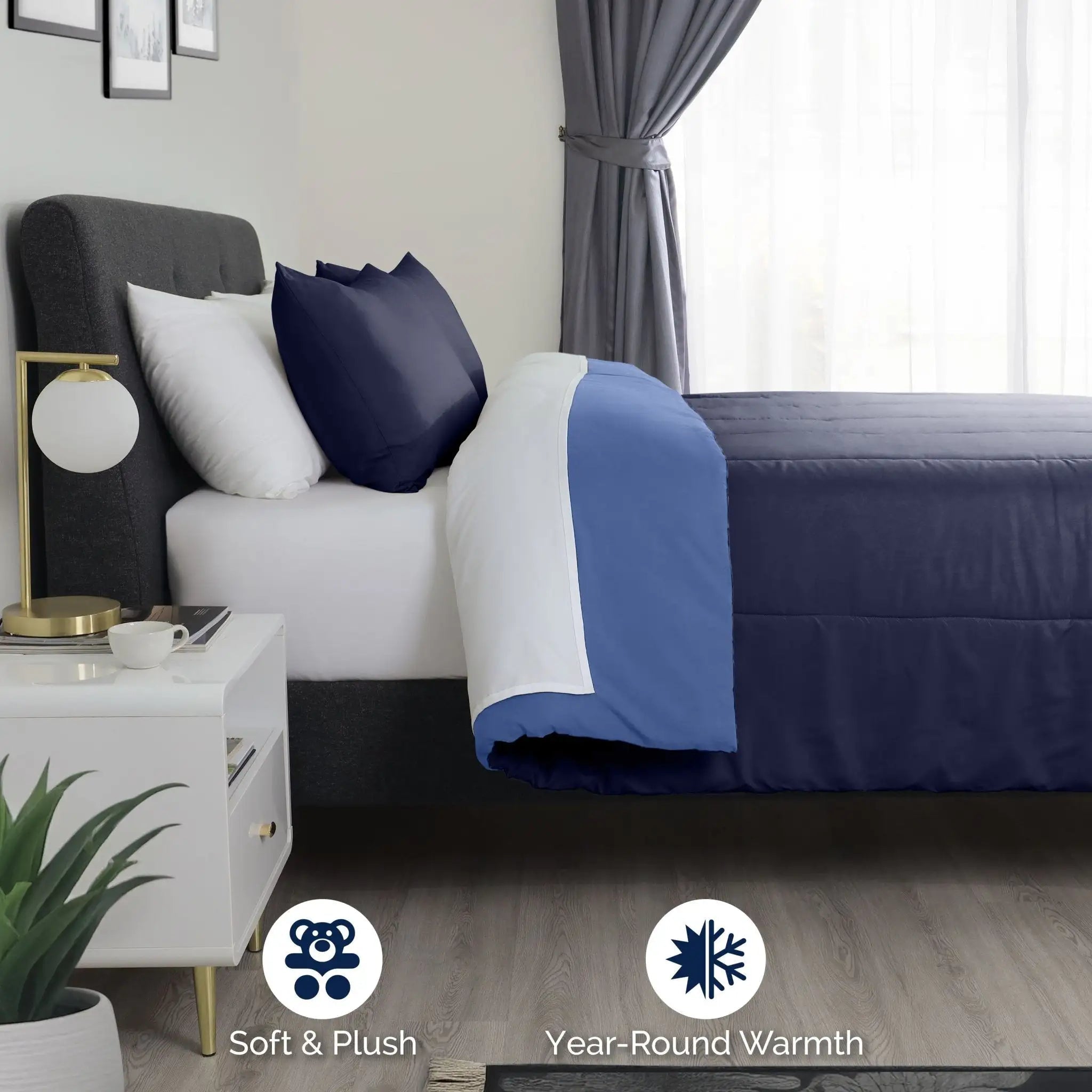 Bedroom with blue comforter set, featuring text 'Soft & Plush' and 'Year-Round Warmth'.