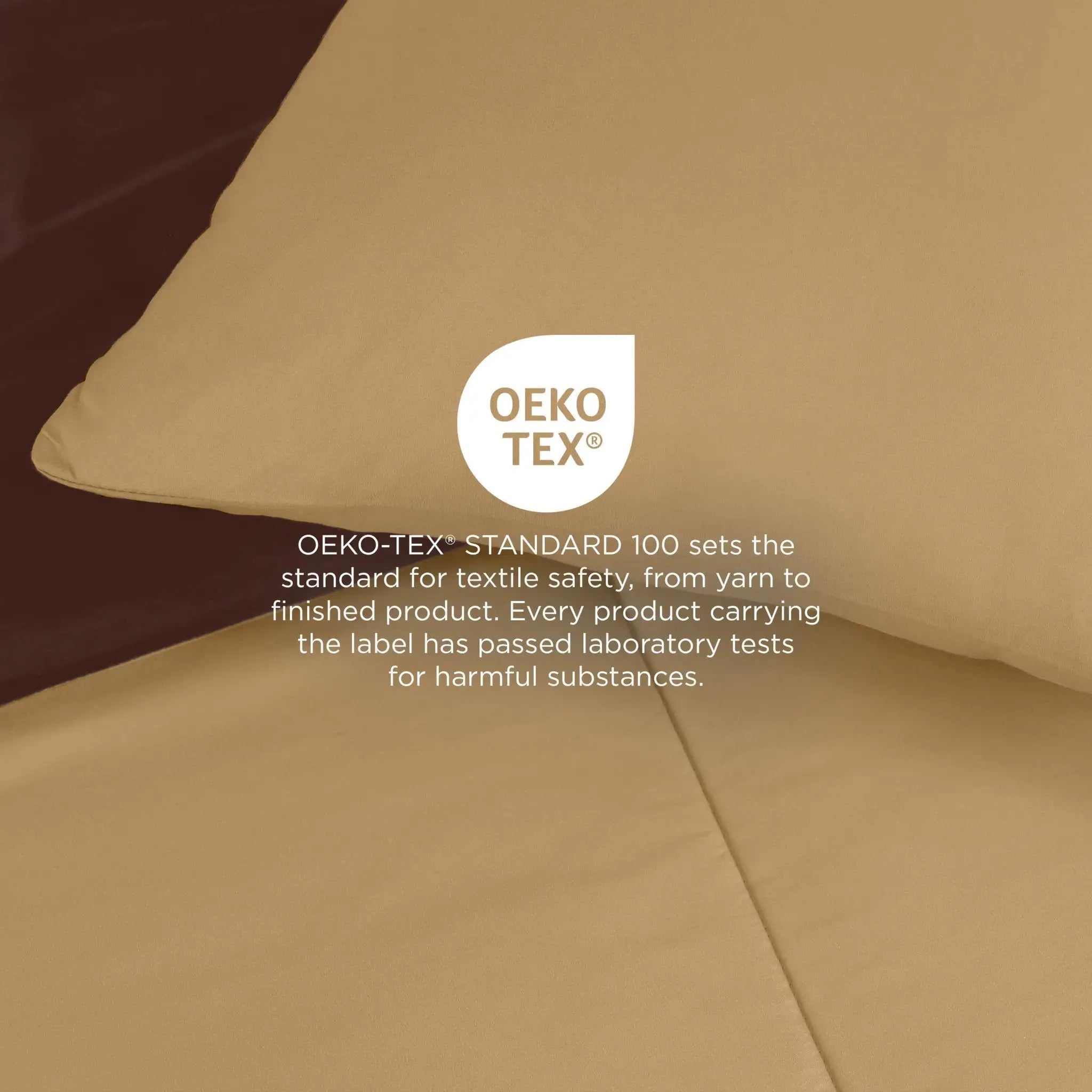 Khaki fabric with OEKO-TEX logo and text on a dark background