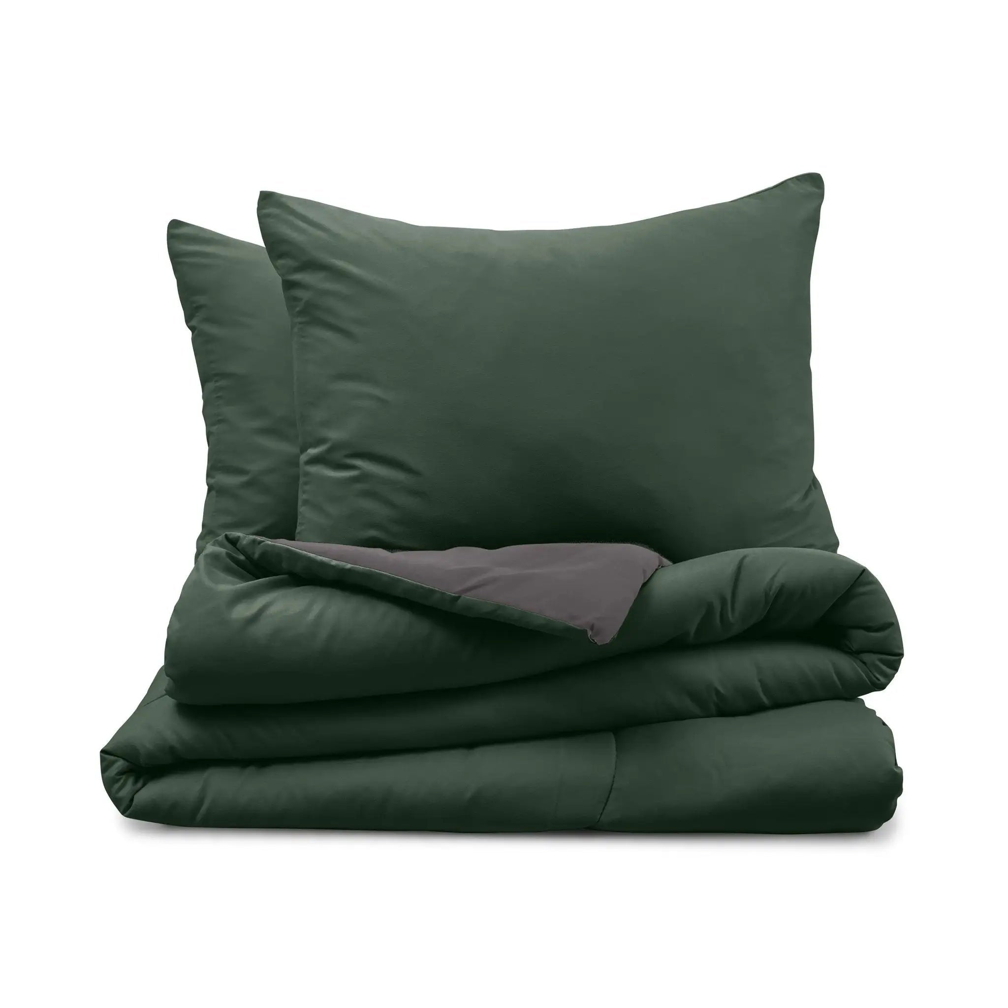 Olive comforter with two pillow shams on a white background