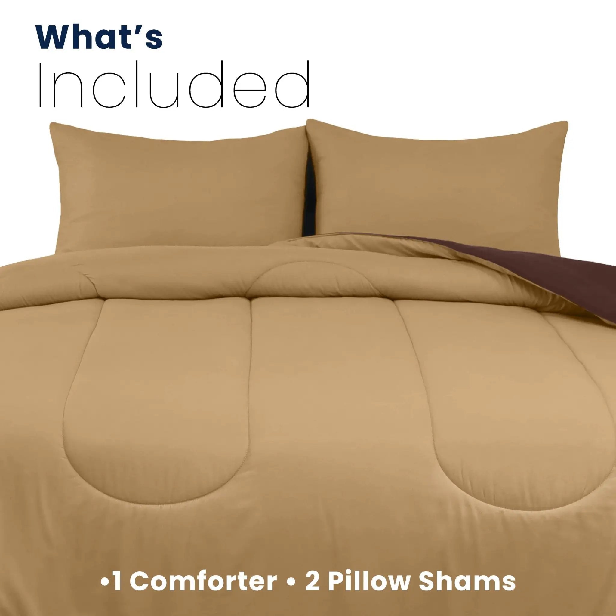 Khaki comforter set with two pillow shams on a white background with details about product components included.