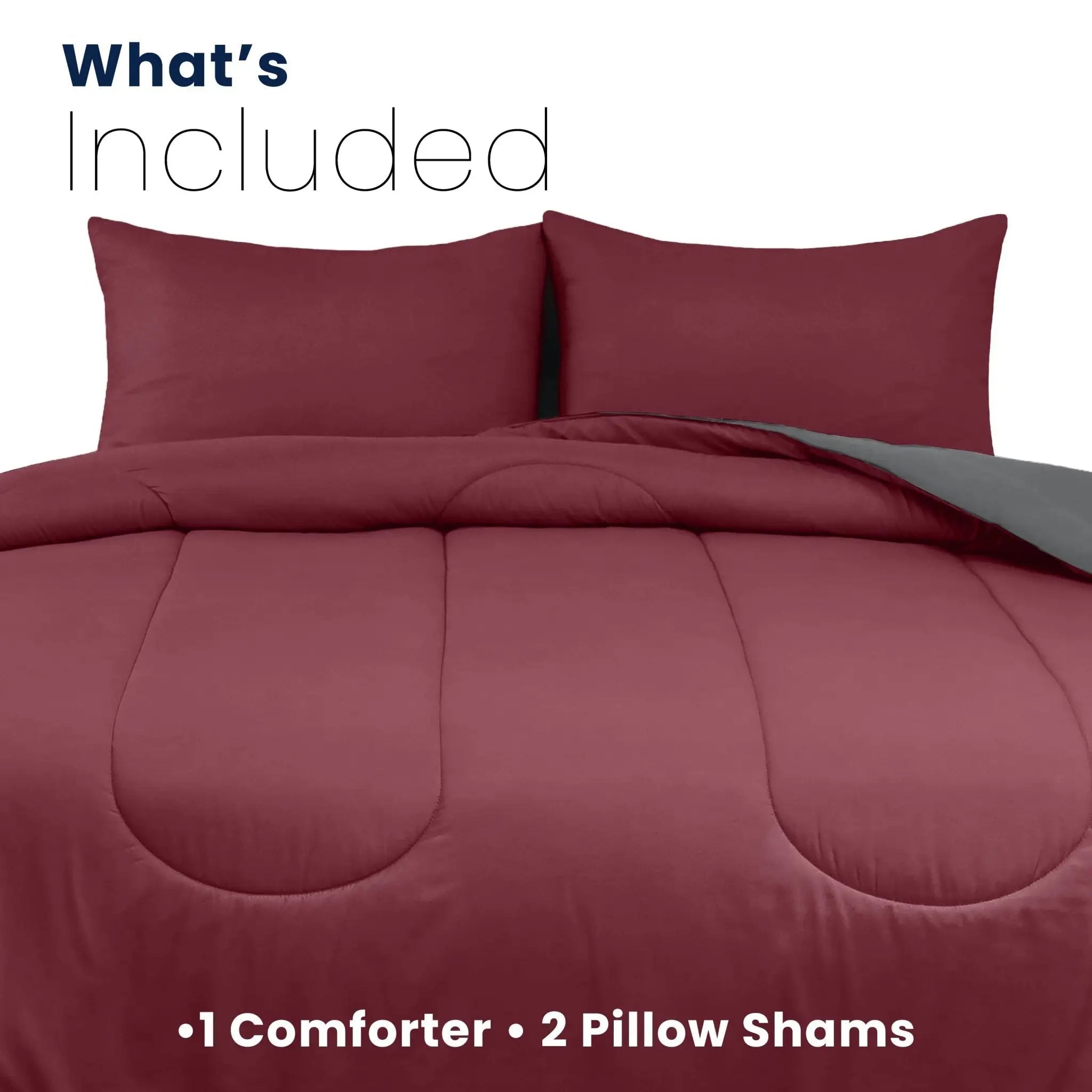 Burgundy comforter set with pillow sham on a white background with details about product components included.