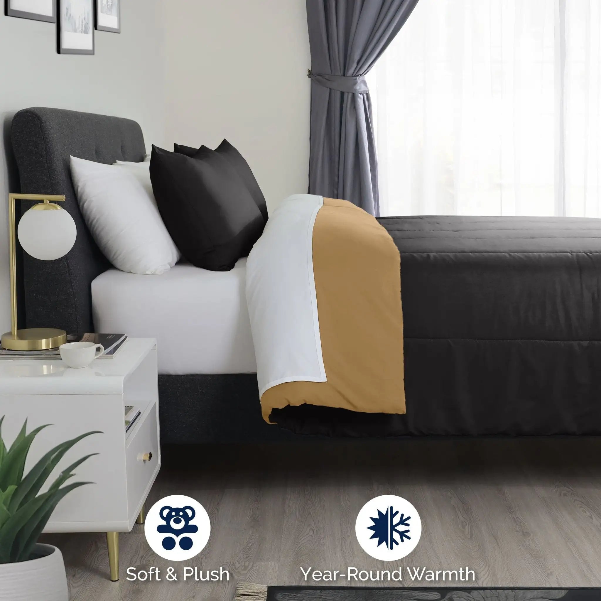Ebony comforter set and khaki reversible side, and text badges reading 'Soft & Plush' and 'Year-Round Warmth'.