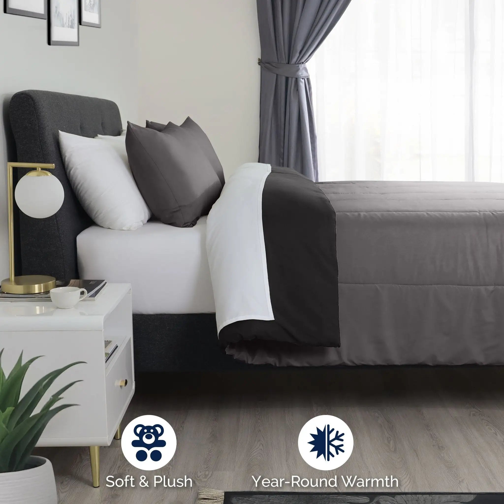 Bedroom with graphite bedding and ebony reversible side.