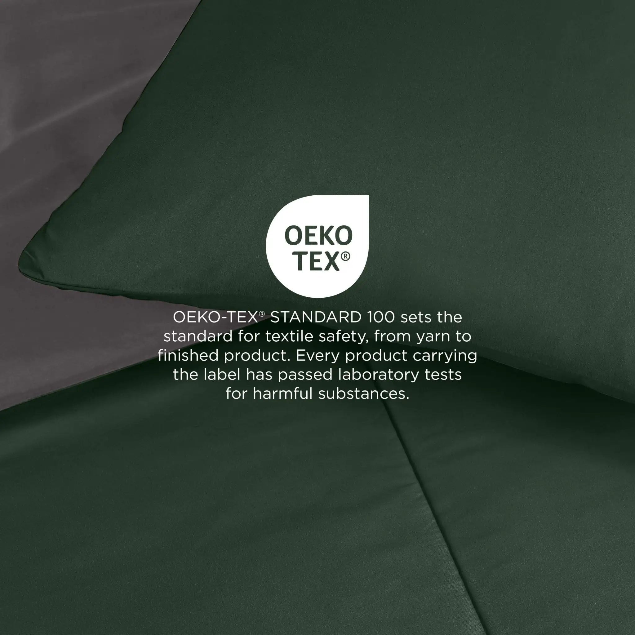 Olive fabric bedding detail with a visible OEKO-TEX certification badge and text overlay about textile safety.