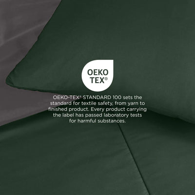 Olive fabric bedding detail with a visible OEKO-TEX certification badge and text overlay about textile safety.