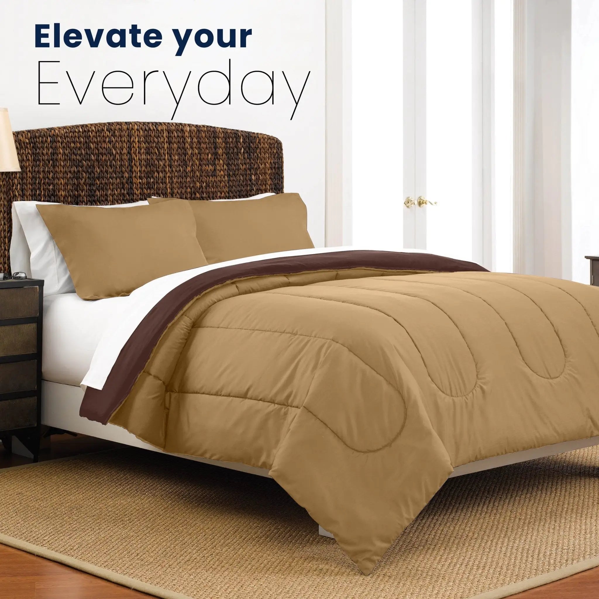 Bedroom with khaki comforter and pillow shams, text 'Elevate your Everyday'.