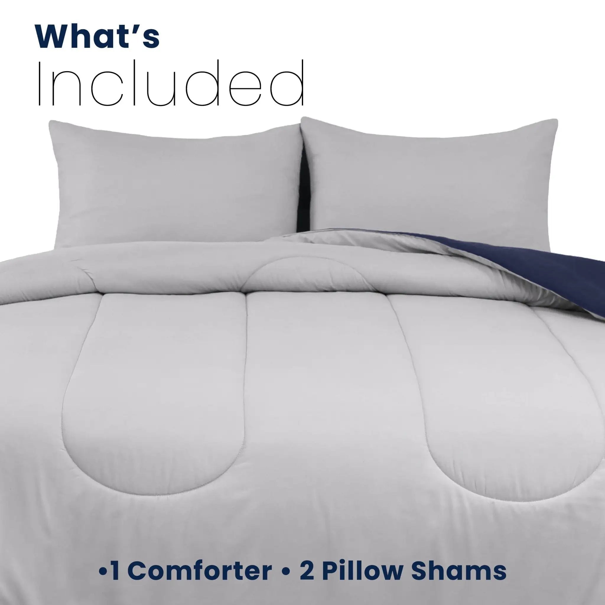Gray comforter set with two pillow shams on a white background with details about product components included.