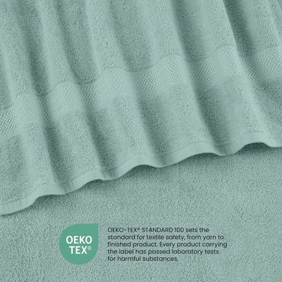 Close-up of textured beach glass color fabric with OEKO-TEX logo and text.