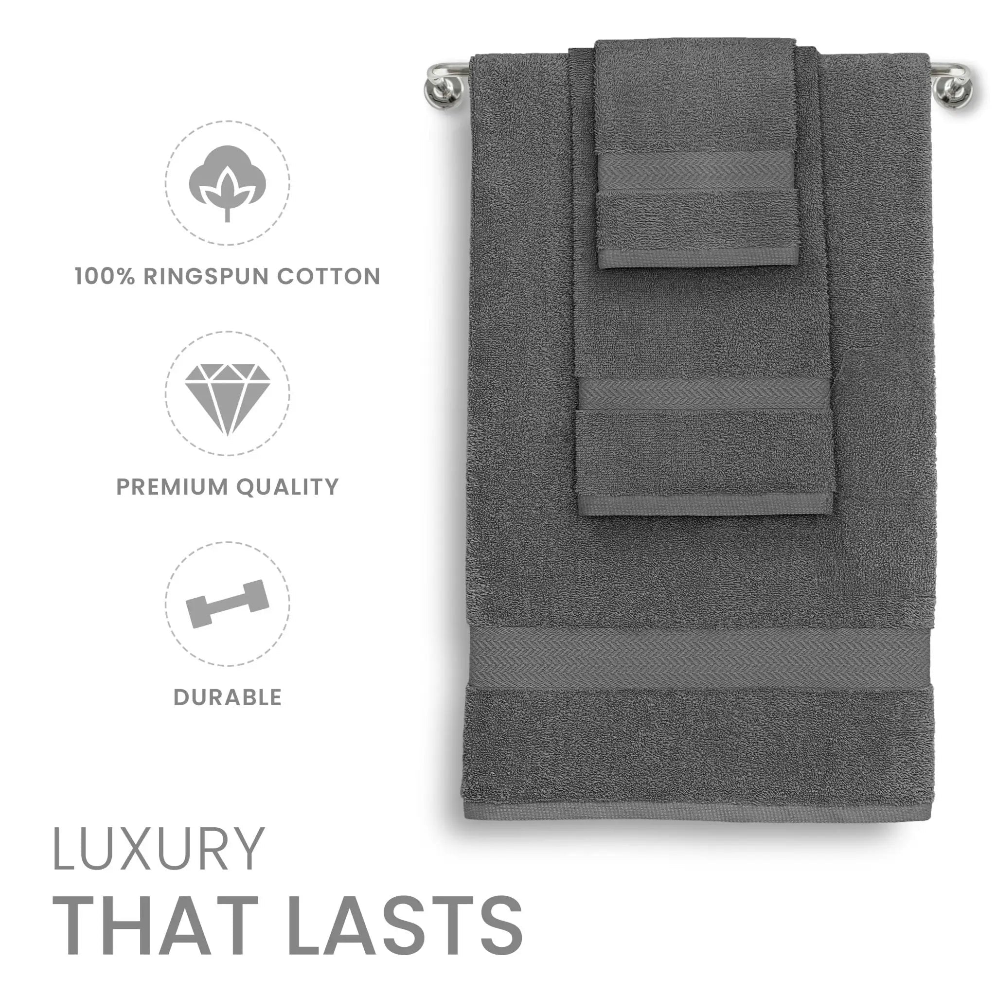 A set of three dark gray towels against a white background, with feature icons and the text '100% RINGSPUN COTTON', 'PREMIUM QUALITY', 'DURABLE', and 'LUXURY THAT LASTS' on the left.