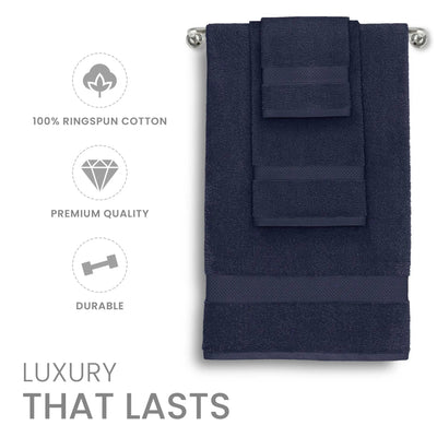 Navy towel set with cotton and quality attributes on a white background