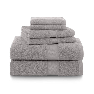 A stack of six silver towels, including hand towels, washcloths, and a bath towel, arranged neatly on a white background.