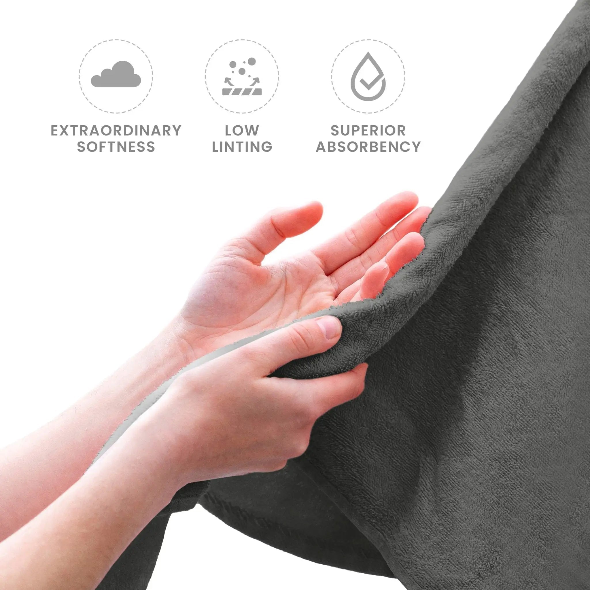 Dark gray towel with hands holding it, featuring icons and text about softness, linting, and absorbency.