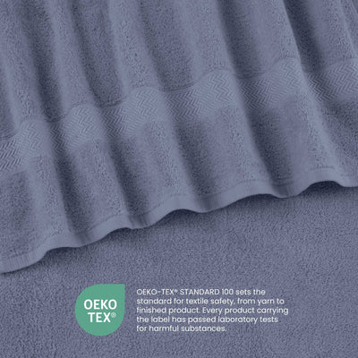 Heather blue textured fabric with OEKO-TEX certification label