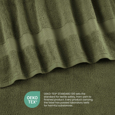 Dark green textured fabric with OEKO-TEX certification label