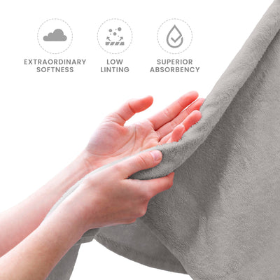 Silver towel being held by a hand with icons and text indicating softness, linting, and absorbency.