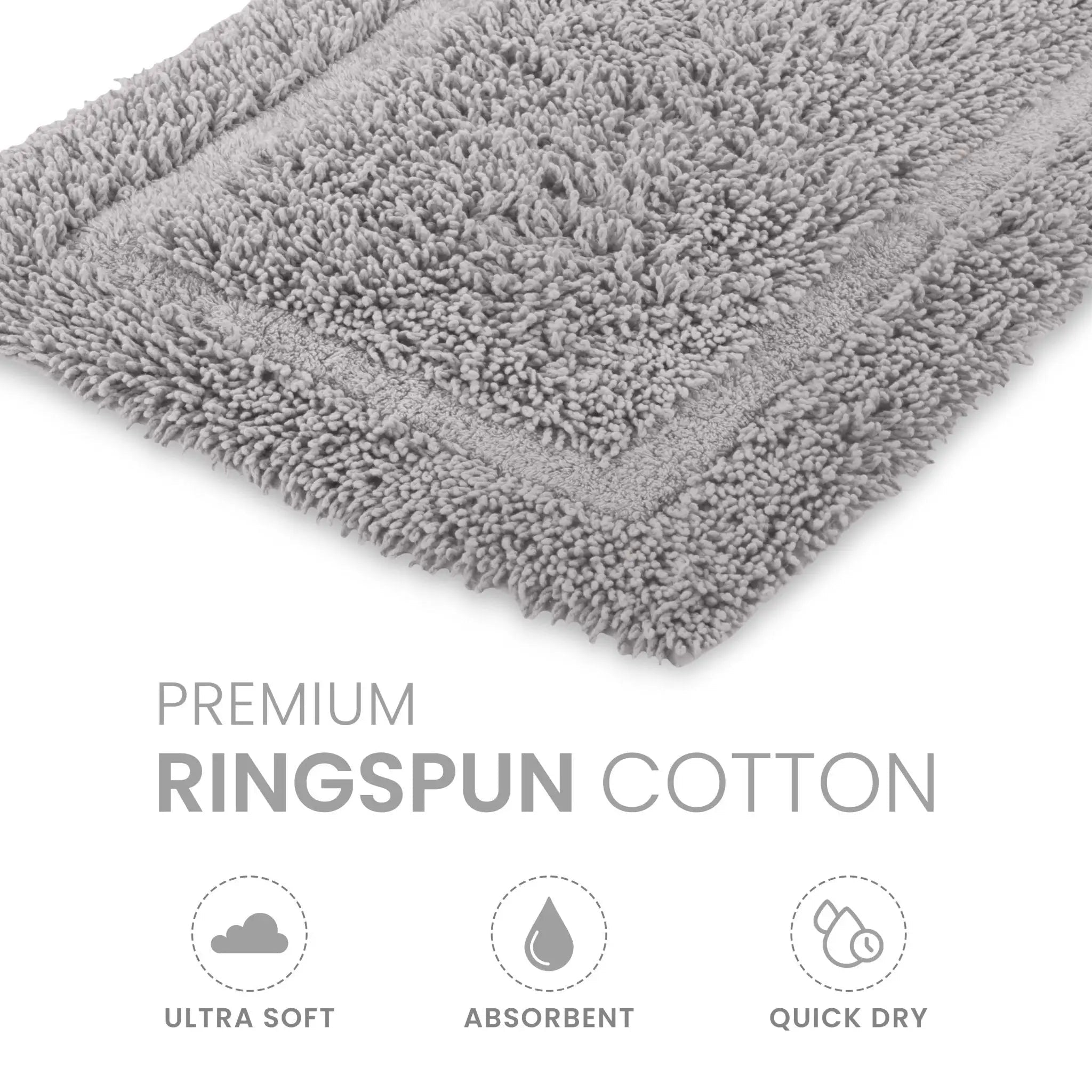 Silver bath rug with 'Premium Ringspun Cotton' text and icons on a white background