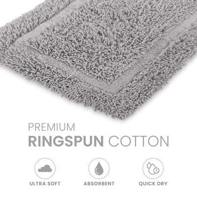 Silver bath rug with 'Premium Ringspun Cotton' text and icons on a white background