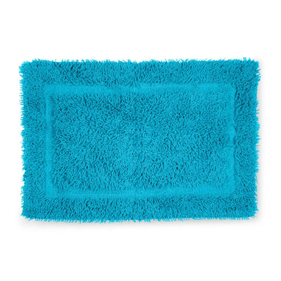 A bright aqua blue rectangular bath rug with a shaggy, high-pile texture and fringed edges, shown from a top-down view on a white background.