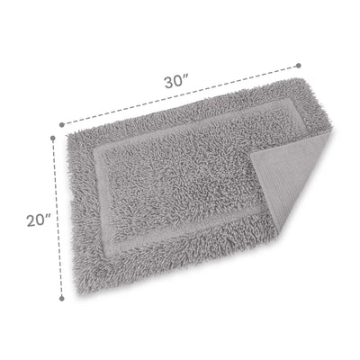Silver bath rug with dimensions on a white background
