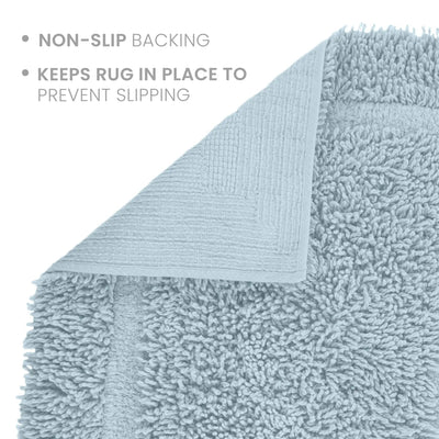 Light blue rug with non-slip backing on a white background