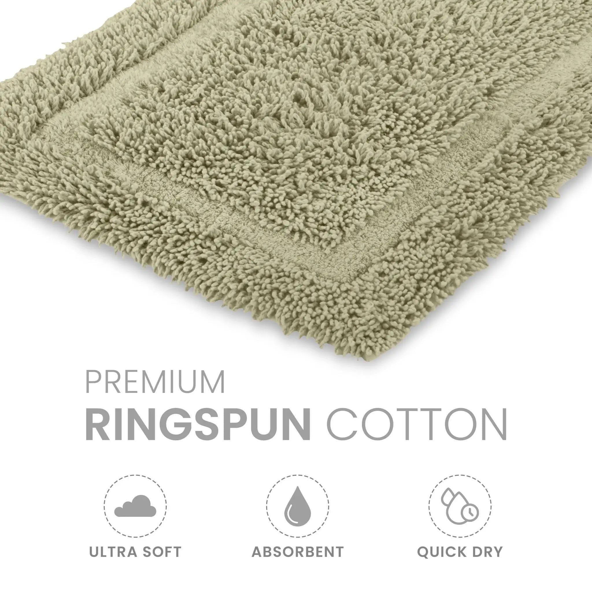 Green bath rug with 'Premium Ringspun Cotton' text and icons on a white background